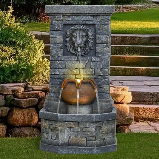 Desgmomy Lion Head Outdoor Water Fountain Garden Lights