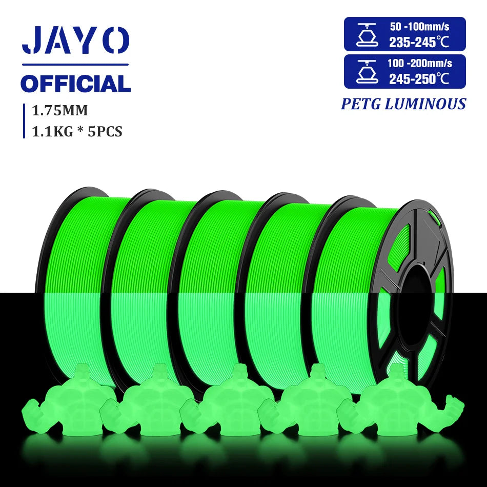 JAYO PLA Filament 1.75mm Glow in the Dark PETG 3D Printer Filament 1.1KG Neatly Wound Luminous 3D Printing Material For FDM