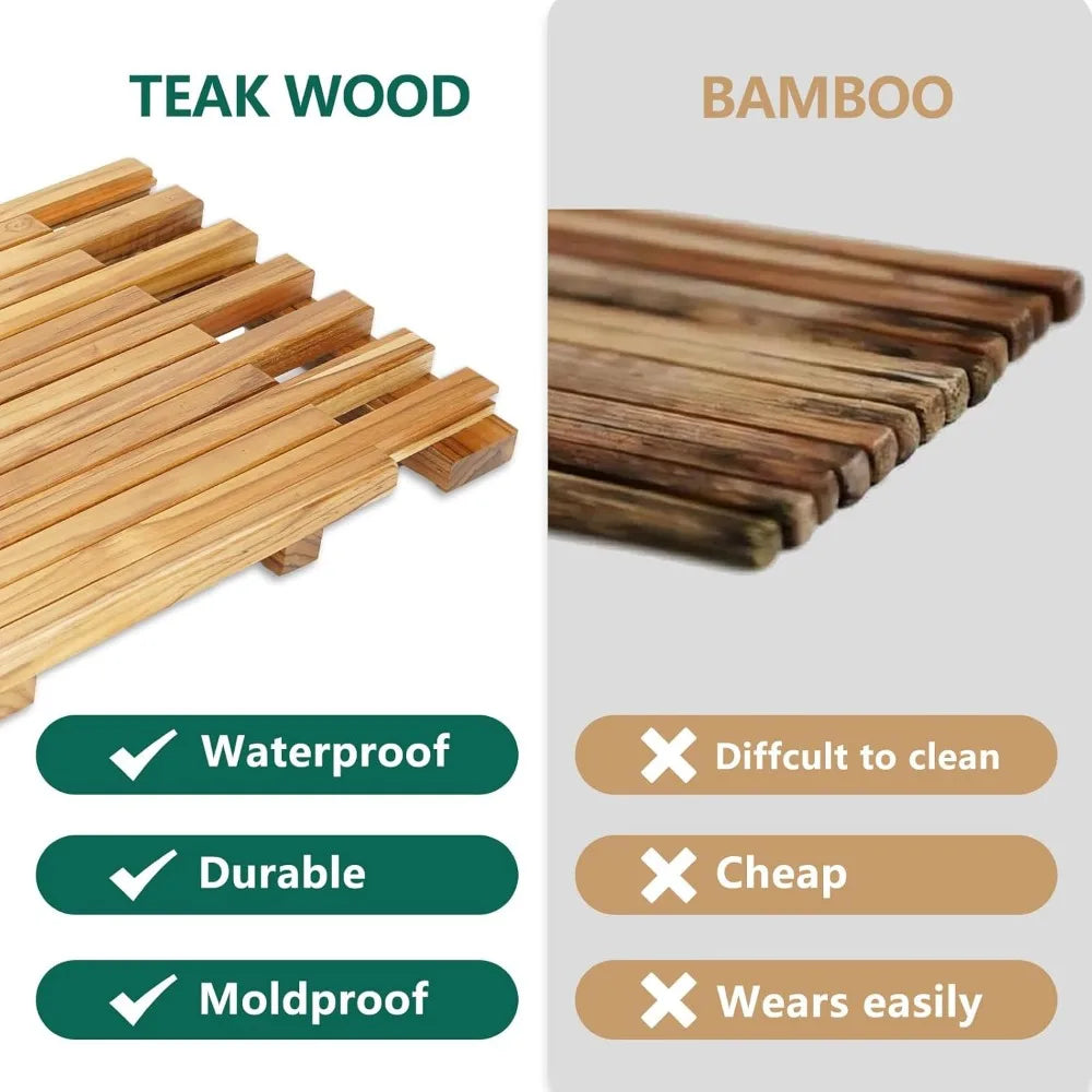 Teak Shower Mat - Adjustable Length Wooden Bathroom Mats for Inside Shower with Non-Slip Rubber Outdoor Floor Mat for Spa, Sauna