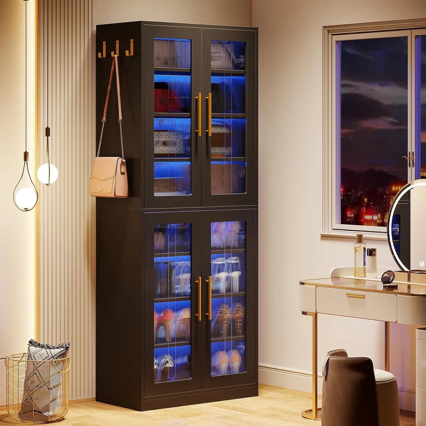 NEW Black Shoe Storage Cabinet with Acrylic Doors and LED Lights, 8-Tier Tall Entryway Shoe Organizer Rack,Living Room
