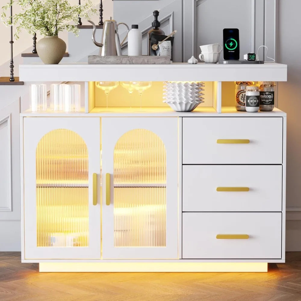 Modern LED Sideboard Buffet Cabinet With Charging Station And Lights