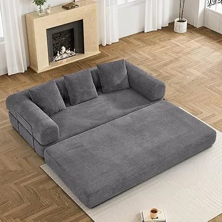 Convertible Sleeper Sofa Bed with Pillow, 4-in-1 Corduroy Folding Mattress Couch with Fixed-Shape Frame, Fold Out Floor Sofa Cam