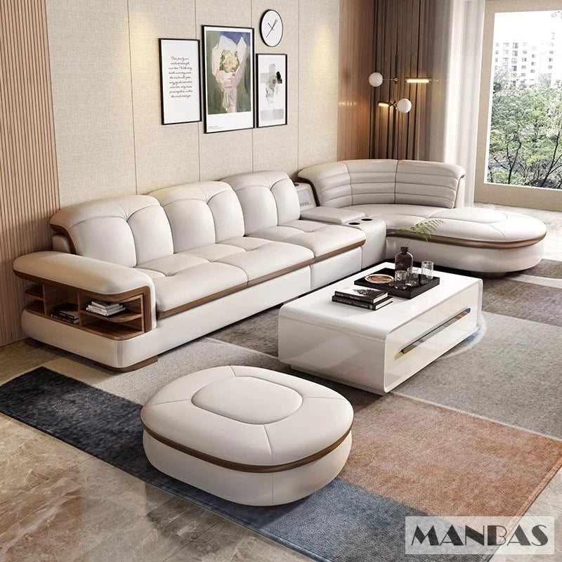 Linlamlim Luxury L Shaped Leather Sectional Sofa With USB Bluetooth