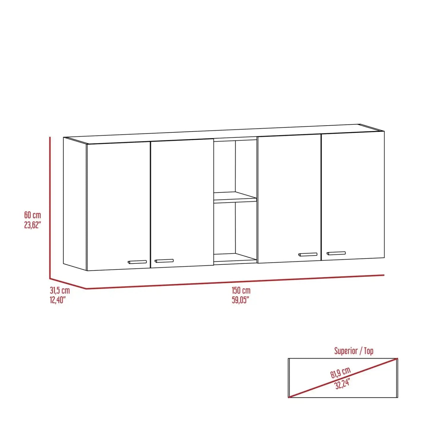 TUHOME Portofino 150 Wall Cabinet Double Door Two Exterior Shelves