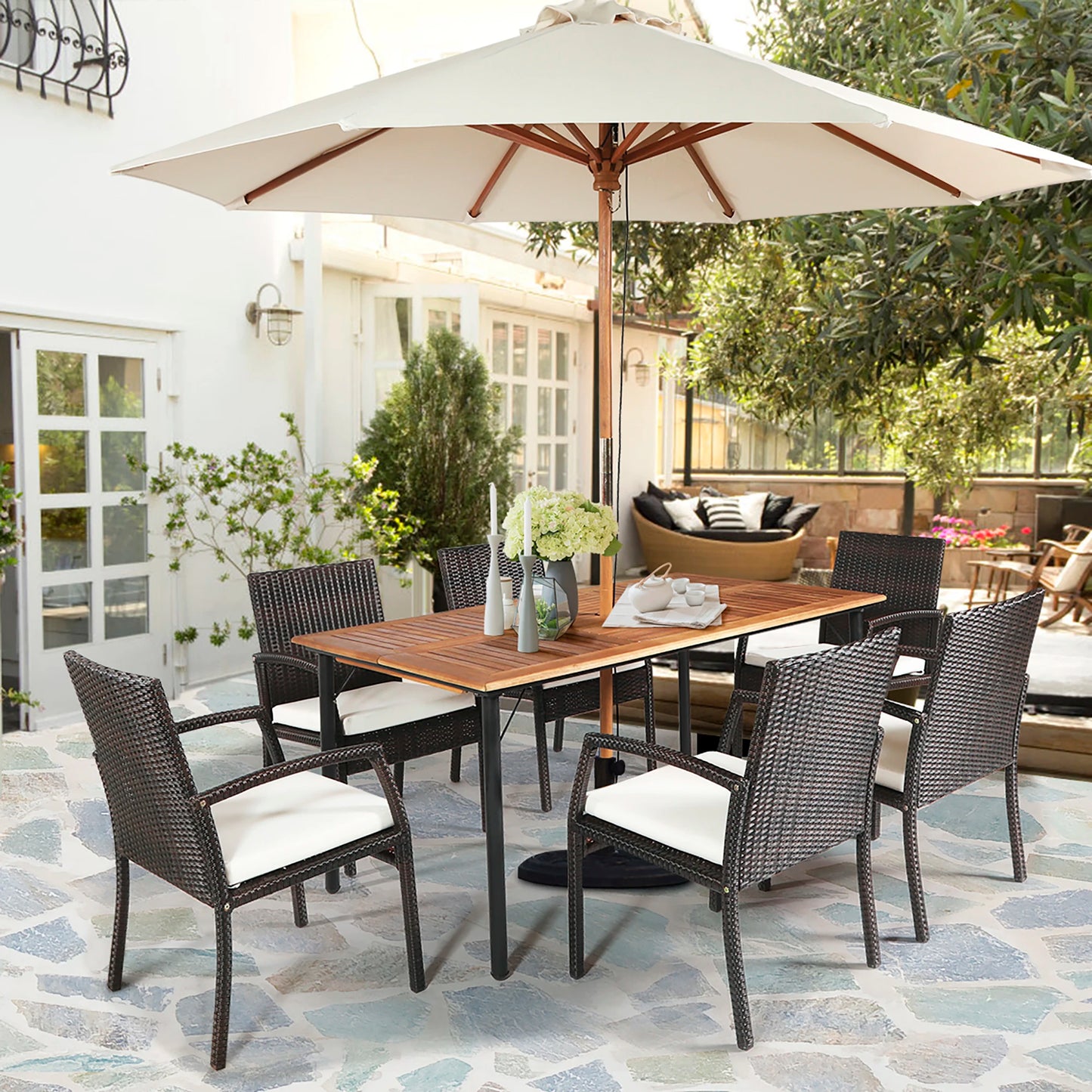 HOMASIS Patio Rattan Dining Set With Umbrella Hole