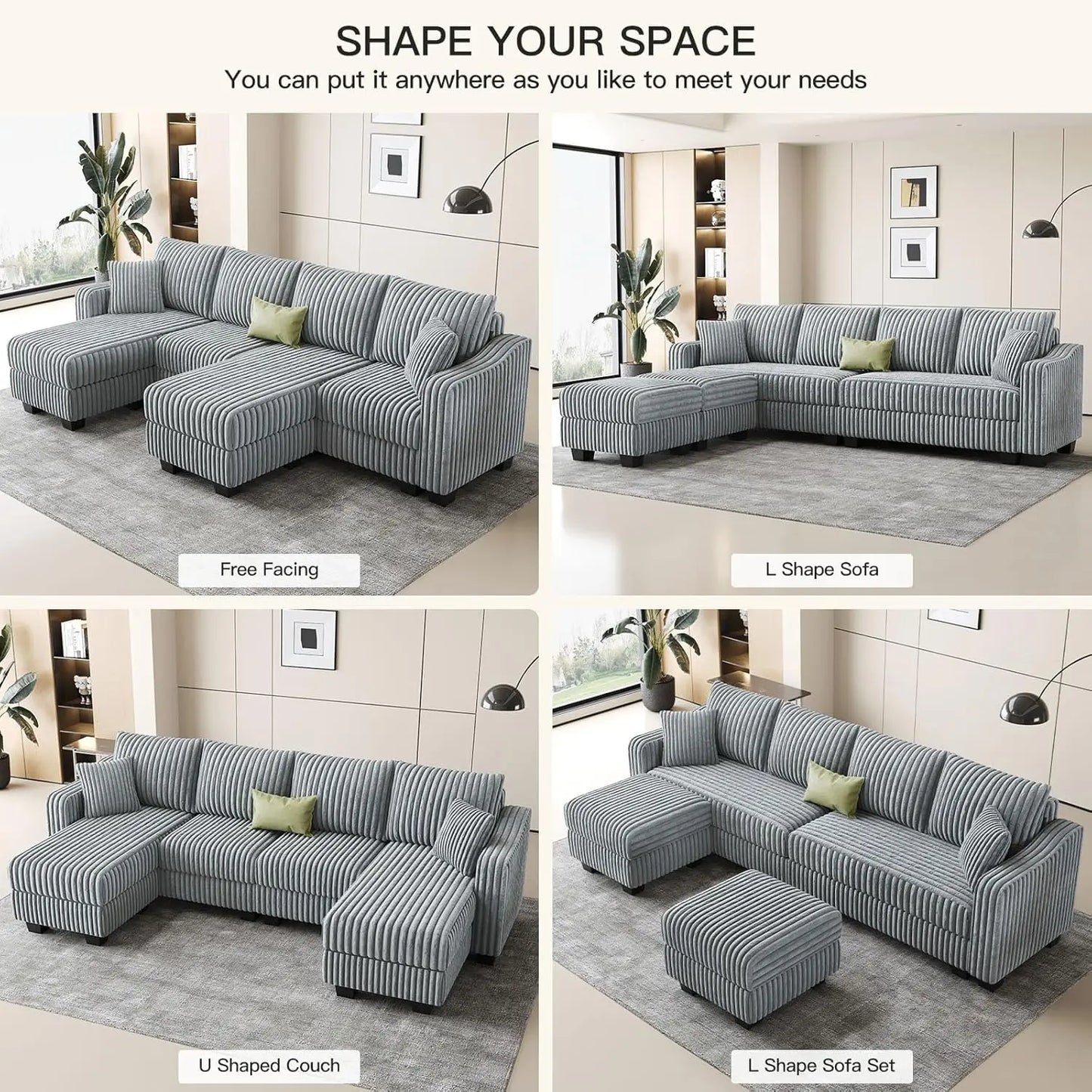 U Shape Reversible Sectional Sofa Ottoman Corduroy Living Room Set