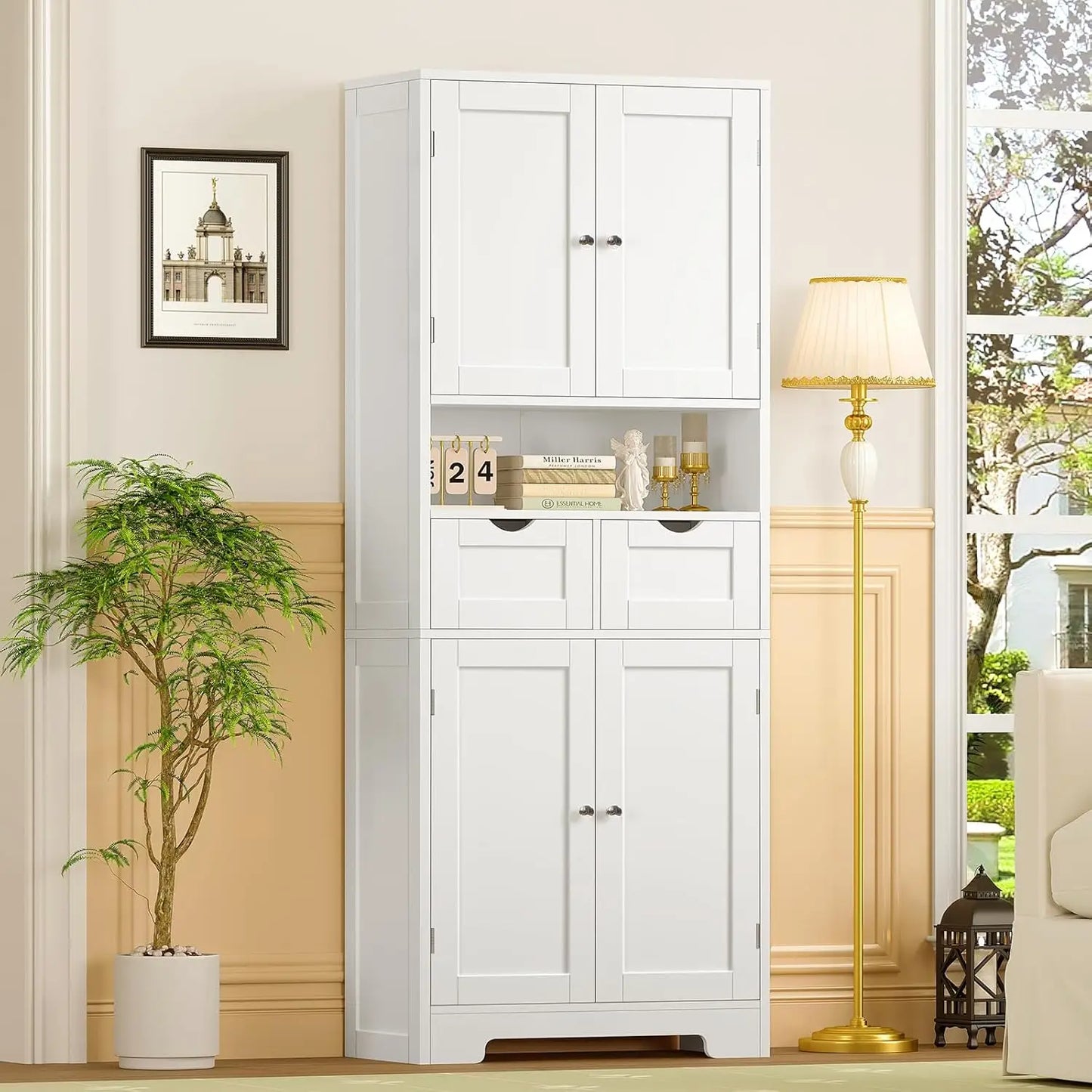 Kitchen Pantry Cabinet With Adjustable Shelves And Two Drawers