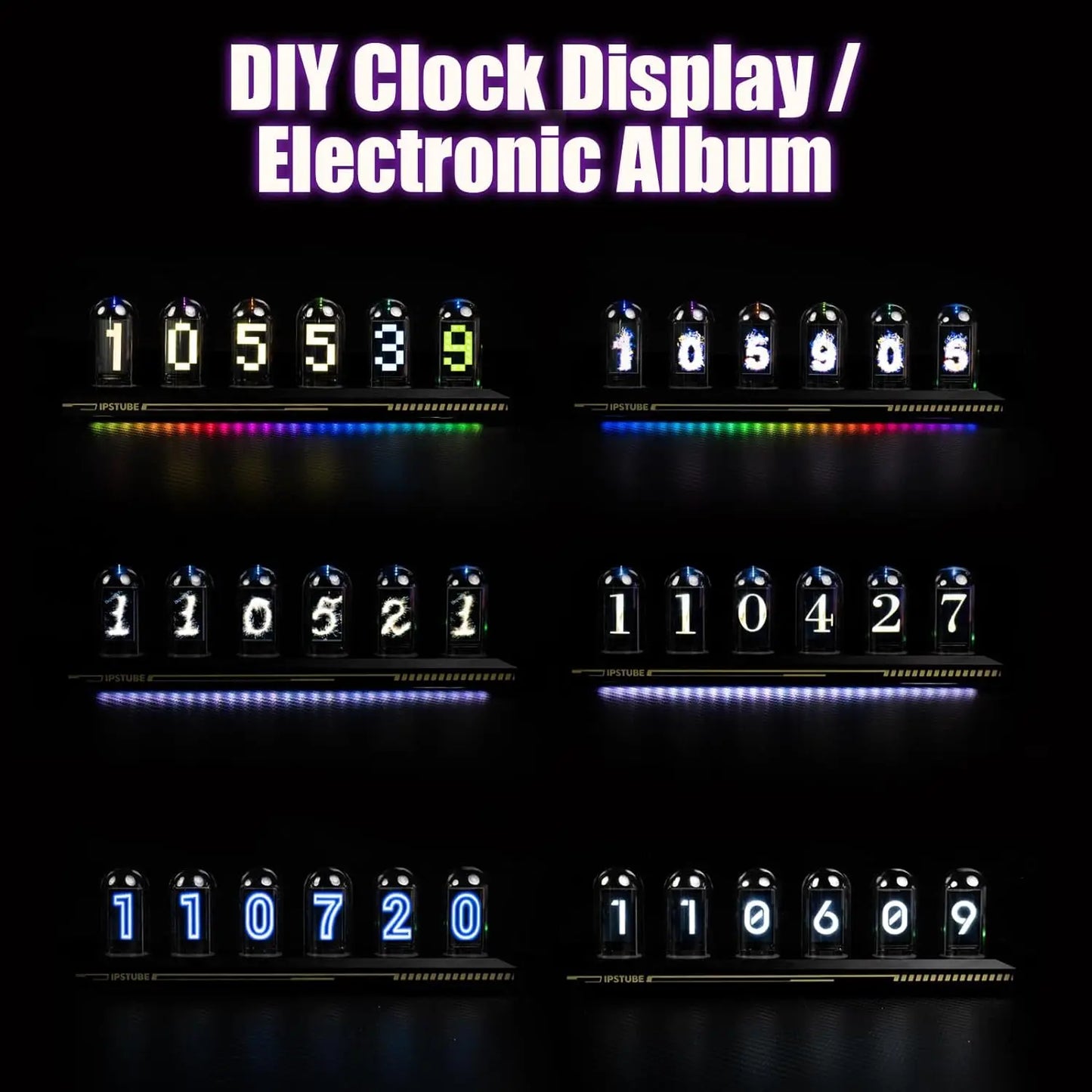 Night Light DIY Nixie Tube Clock Kit Simulation, Digital Clock APP Time Calibration, 3 Light Mode, 12/24h Display IPS