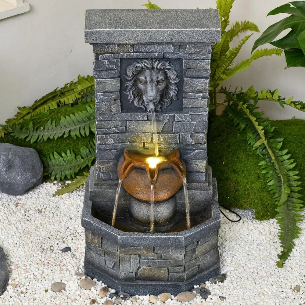 Desgmomy Lion Head Outdoor Water Fountain Garden Lights
