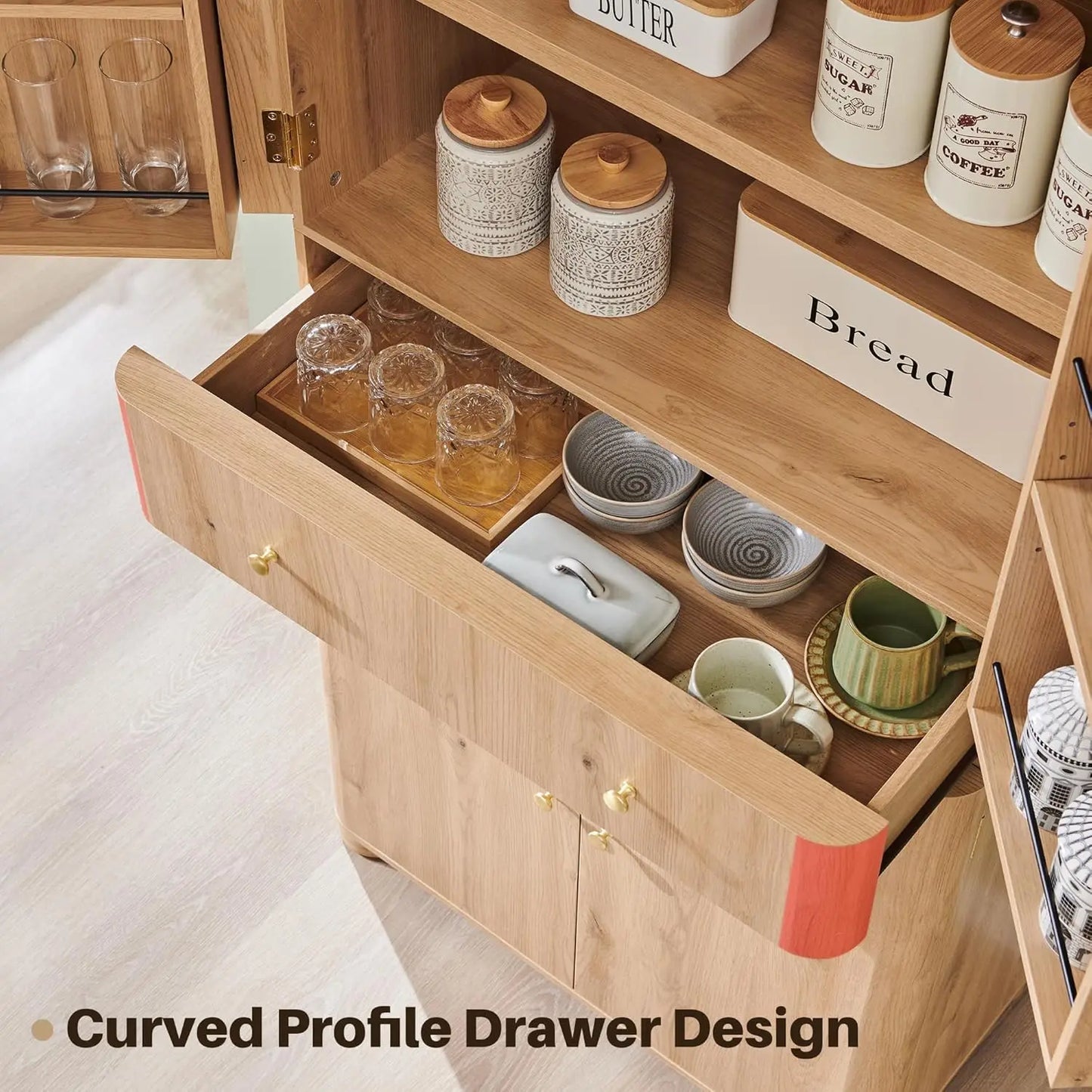 Curved Kitchen Pantry Storage Cabinet with 4 Doors and Adjustable Shelves