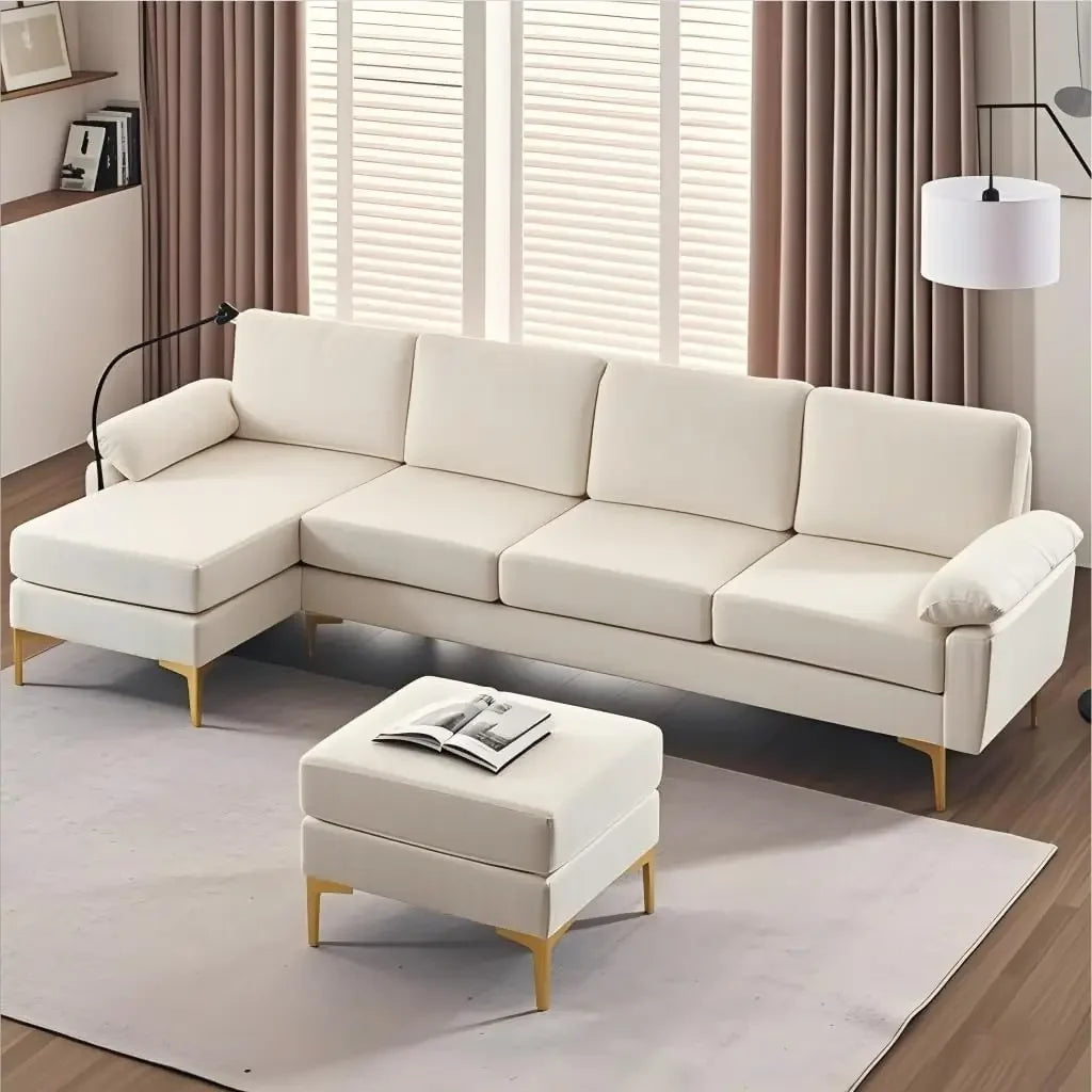U-Shaped Corduroy Convertible Sofa Set With Lounge Chair And Footstool