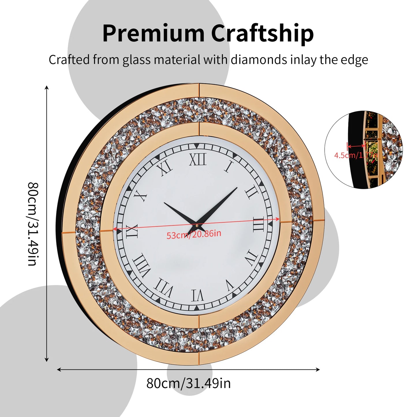 Silver Round Mirror Wall Clock Glam Sparkle Accent Decor