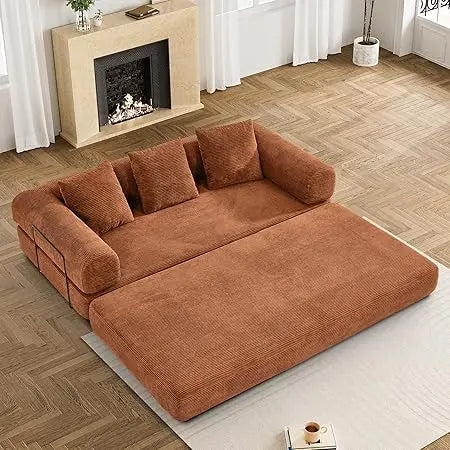 Convertible Sleeper Sofa Bed with Pillow, 4-in-1 Corduroy Folding Mattress Couch with Fixed-Shape Frame, Fold Out Floor Sofa Cam