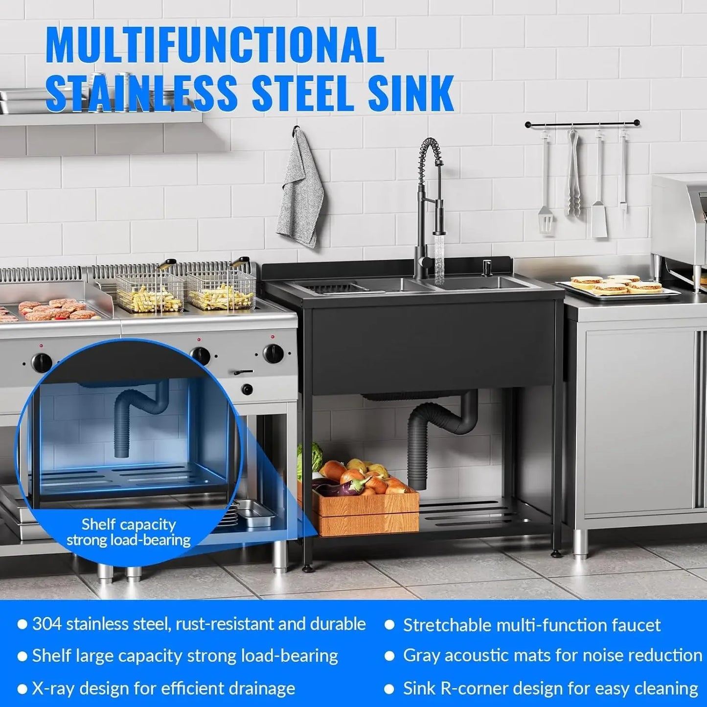 [Free Shipping, Hot Deal!]Stainless Steel Utility Sink,36.6" × 22.2" × 38.9",2 Compartment Sink Freestanding Commercial Sink,wit