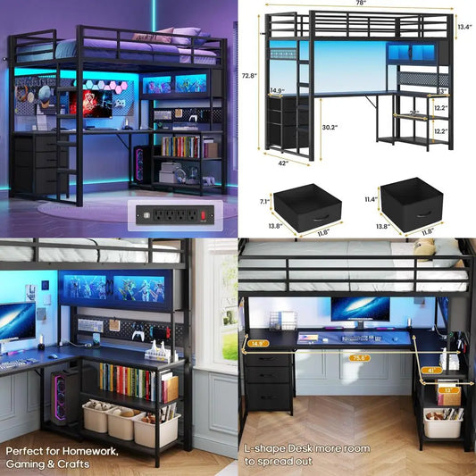 Loft Bed With L Shaped Desk Hutch And Storage Drawers