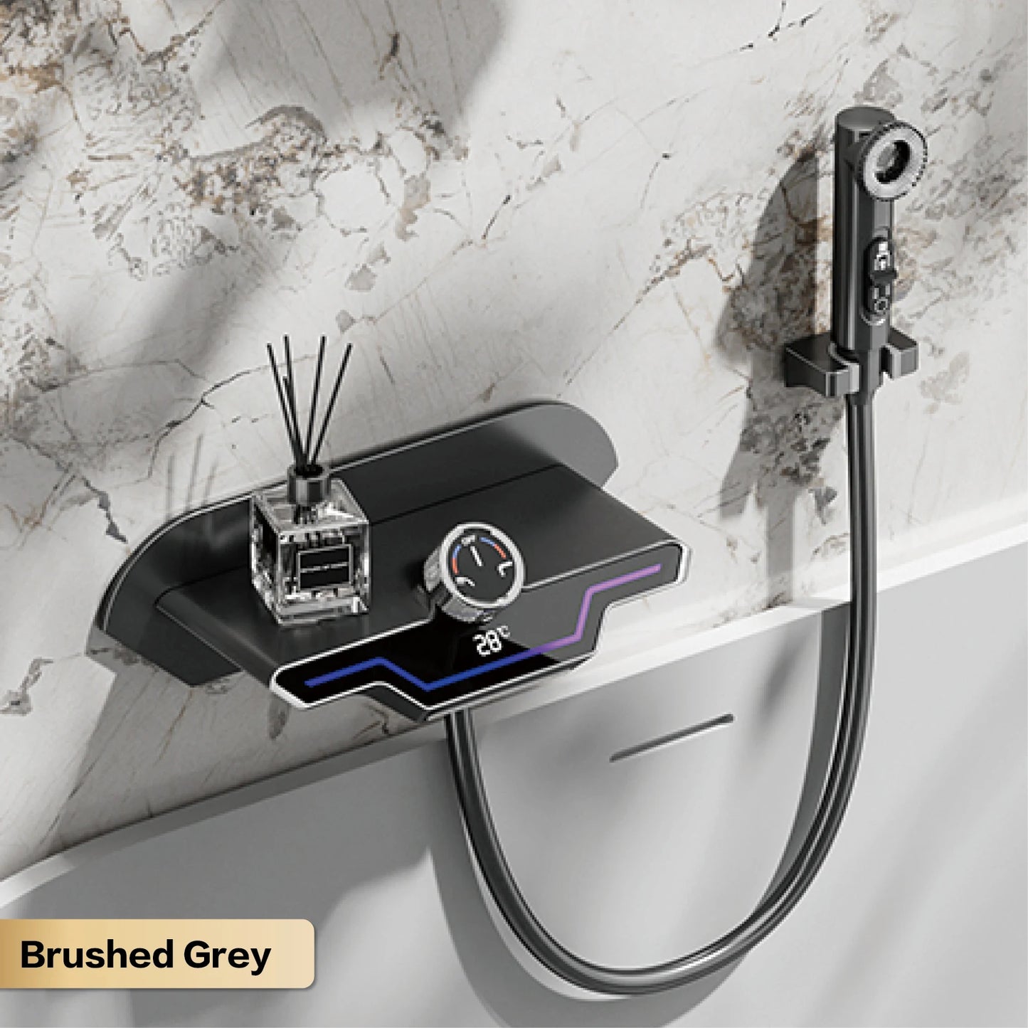 Luxury black brass wall mounted thermostatic bathroom faucet with LED digital display design, embedded hot and cold bathtub Tap