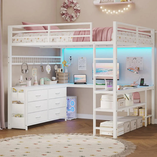 XMSJ Loft Bed With U Shaped Desk And Storage Drawers