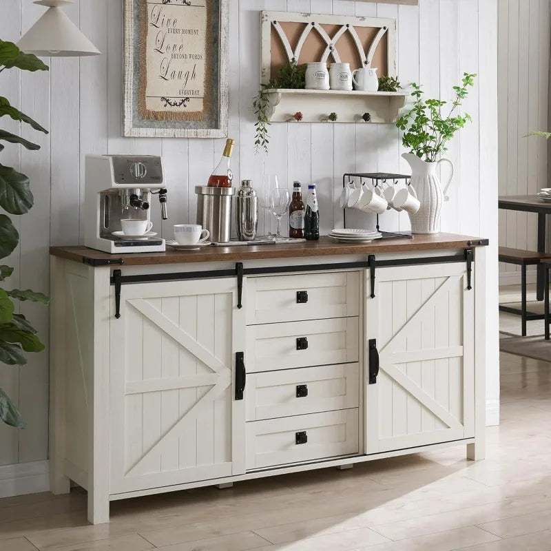 T4TREAM Farmhouse Sideboard Buffet With Storage Sliding Barn Door 4 Drawers