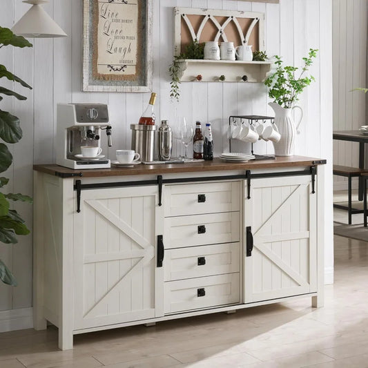 T4TREAM Farmhouse Sideboard Buffet With Storage Sliding Barn Door 4 Drawers