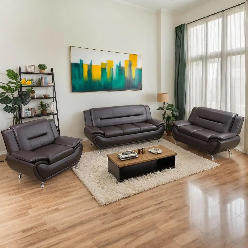 Leather Living Room Sofa Set With Metal Leg Supports