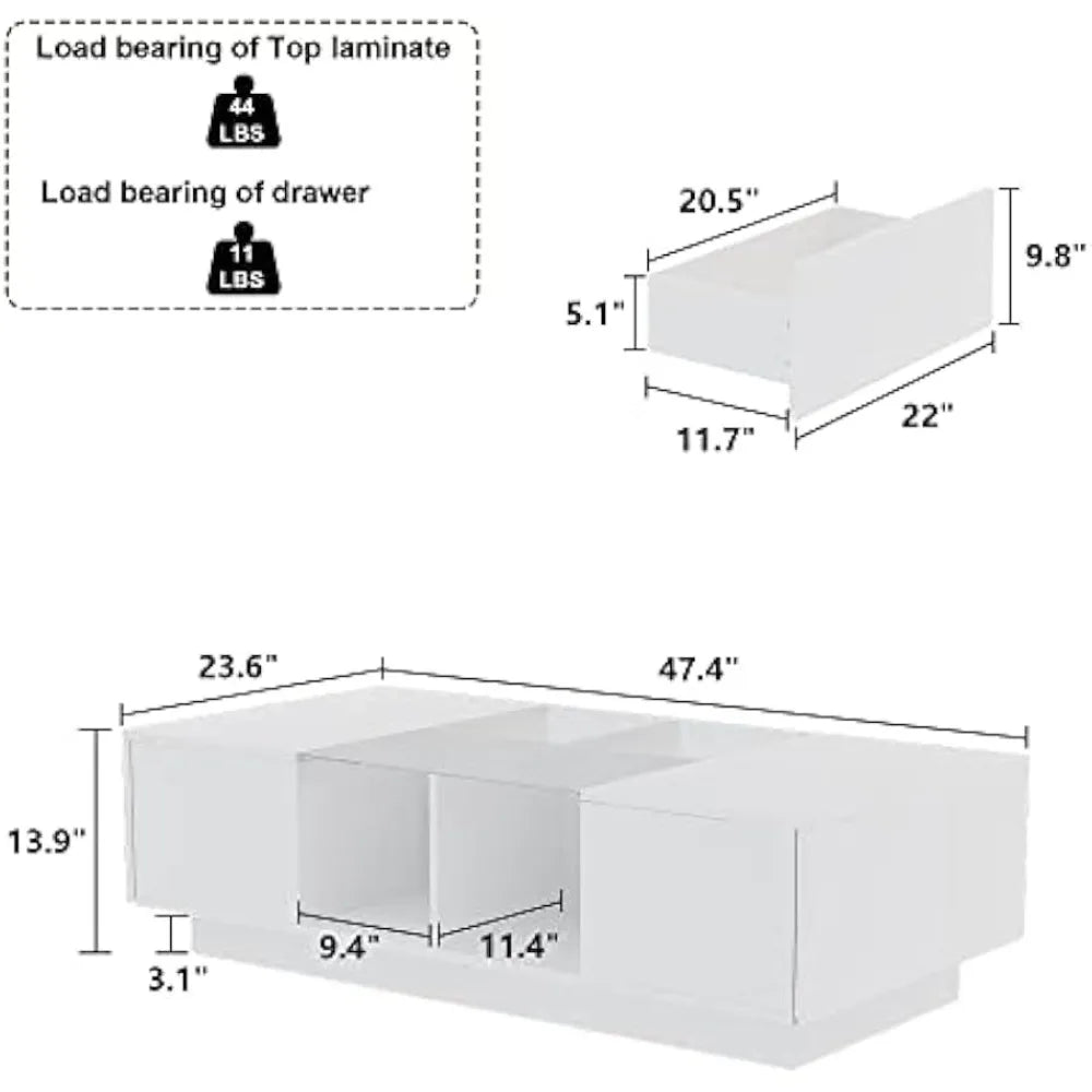 DAFIFY Modern LED Coffee Table With Drawers Glass Top