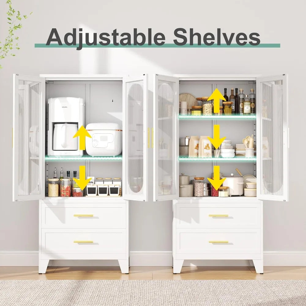61" Tall Kitchen Pantry Storage Cabinet, White Metal Storage Cabinet with Adjustable Shelves & Glass Doors & Drawers, Food Pantr