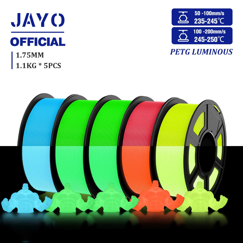JAYO PLA Filament 1.75mm Glow in the Dark PETG 3D Printer Filament 1.1KG Neatly Wound Luminous 3D Printing Material For FDM