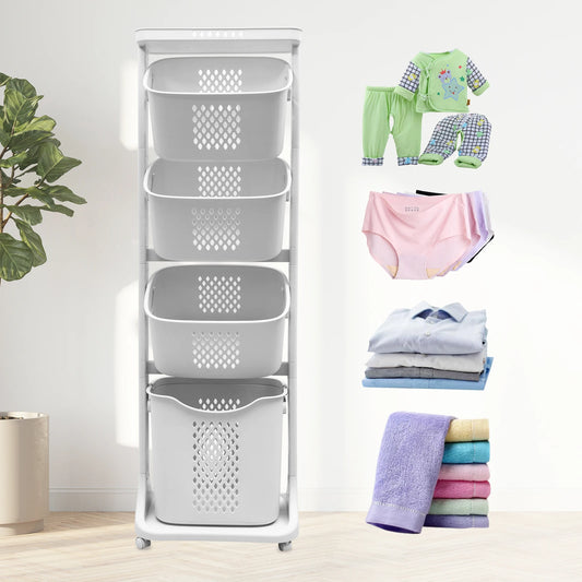 2 Or 4 Tier Laundry Cart With Removable Storage Buckets And Four Wheels White Plastic Hamper