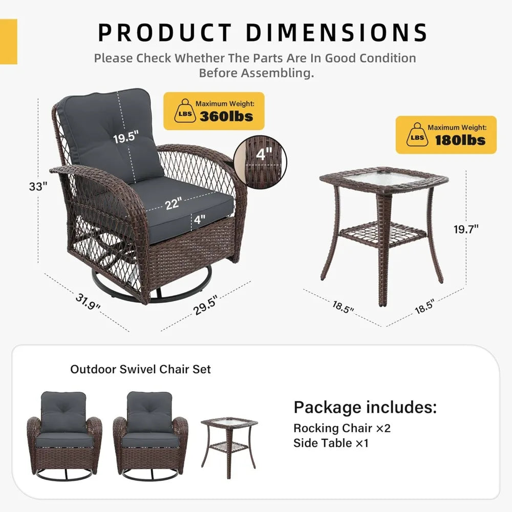FEICHENG Outdoor Swivel Rocking Chair Set Of 3 Wicker Patio