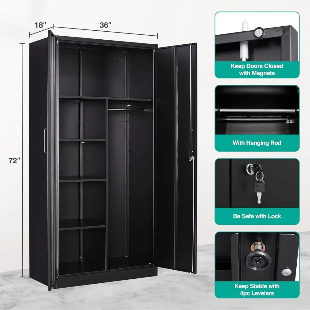 Metal Wardrobe Cabinet with Lock, 72 Armoire Closet with Hanging Rod, Lockable Storage Locker, Black Storage Cabinet with Lockin
