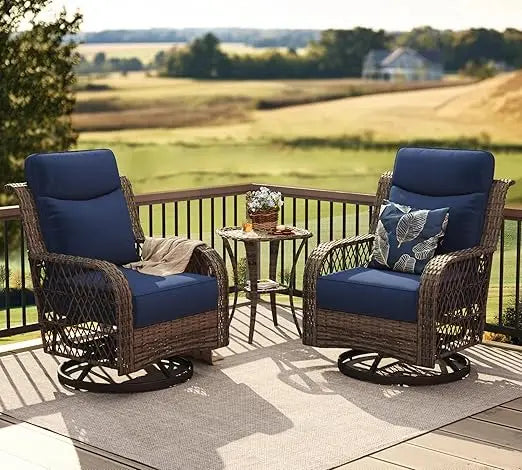 MKDK 3 Piece Wicker Swivel Chair Patio Set with Table