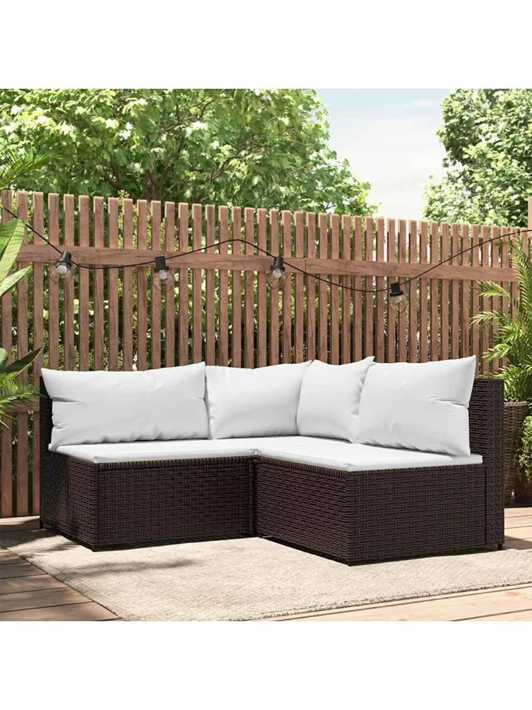 3 Piece Patio Lounge Set with Cushions Brown Poly Rattan Outdoor Sectional Outdoor Furniture for Lawn Deck