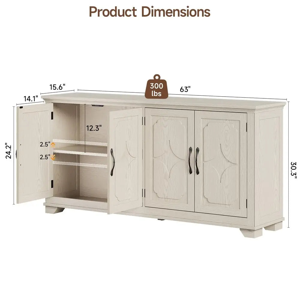 Buffet Cabinet With Storage Sideboard, 4 Carved Doors, Modern Credenza