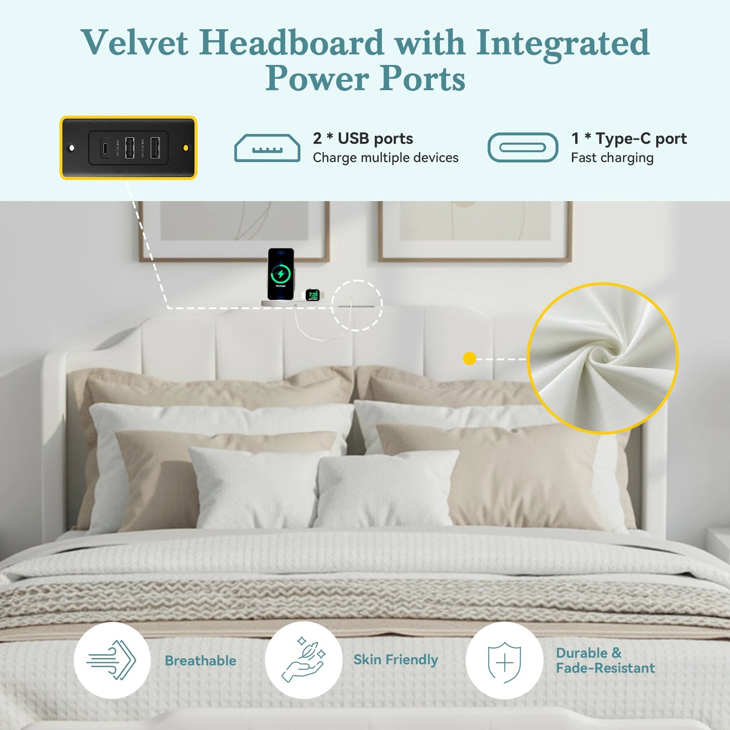 HOOMIC Velvet Platform Bed Frame With Tufted Wingback Headboard ChargingStation