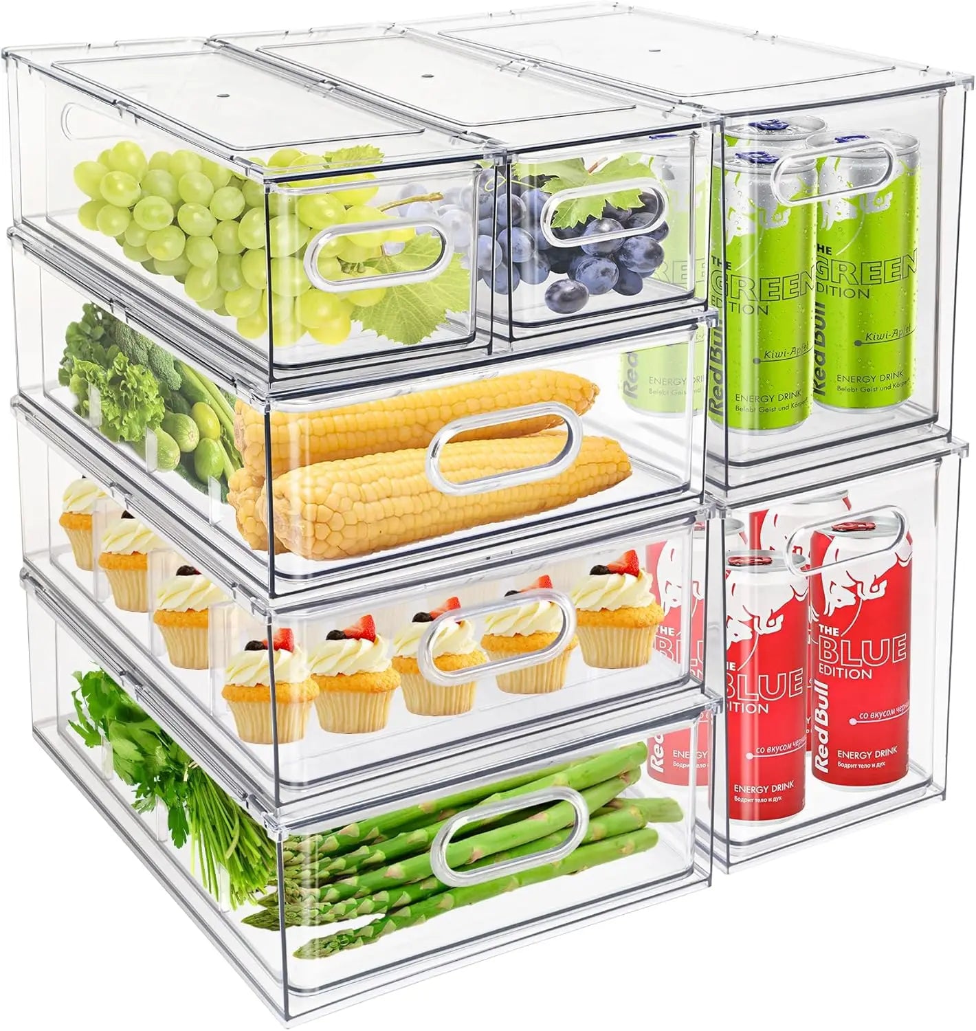 XMSJ Clear Fridge Organizer 7 Pack Drawer Bins Stackable