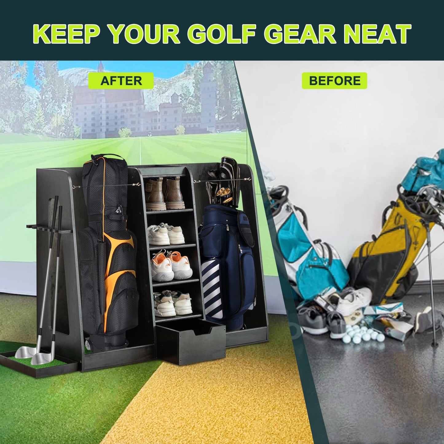 LZBEITEM 55.5''x16''x37''(LxWxH) Wooden Golf Bag Storage Rack, High Quality Wooden Golf Bag Rack with Drawers, Black