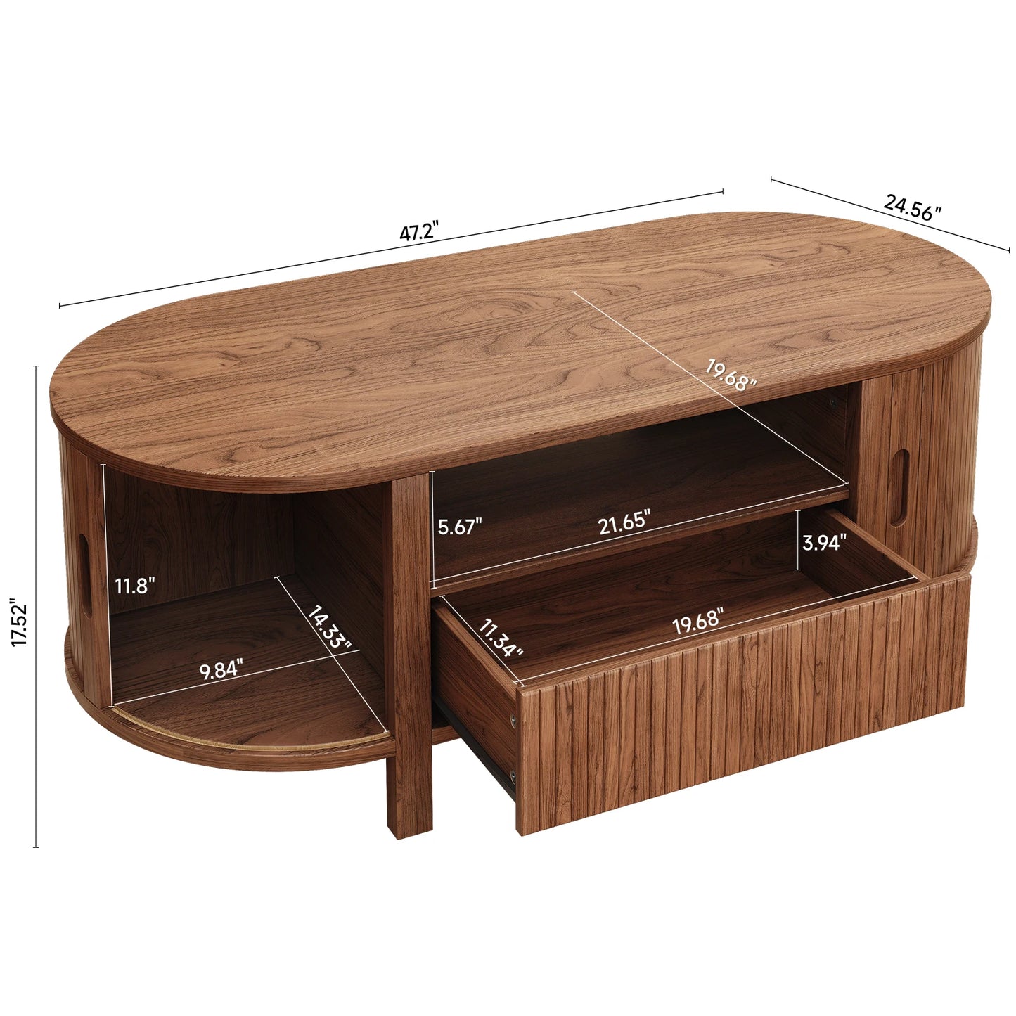 Oval Coffee Table With Cabinets And Sliding Doors Mid Century