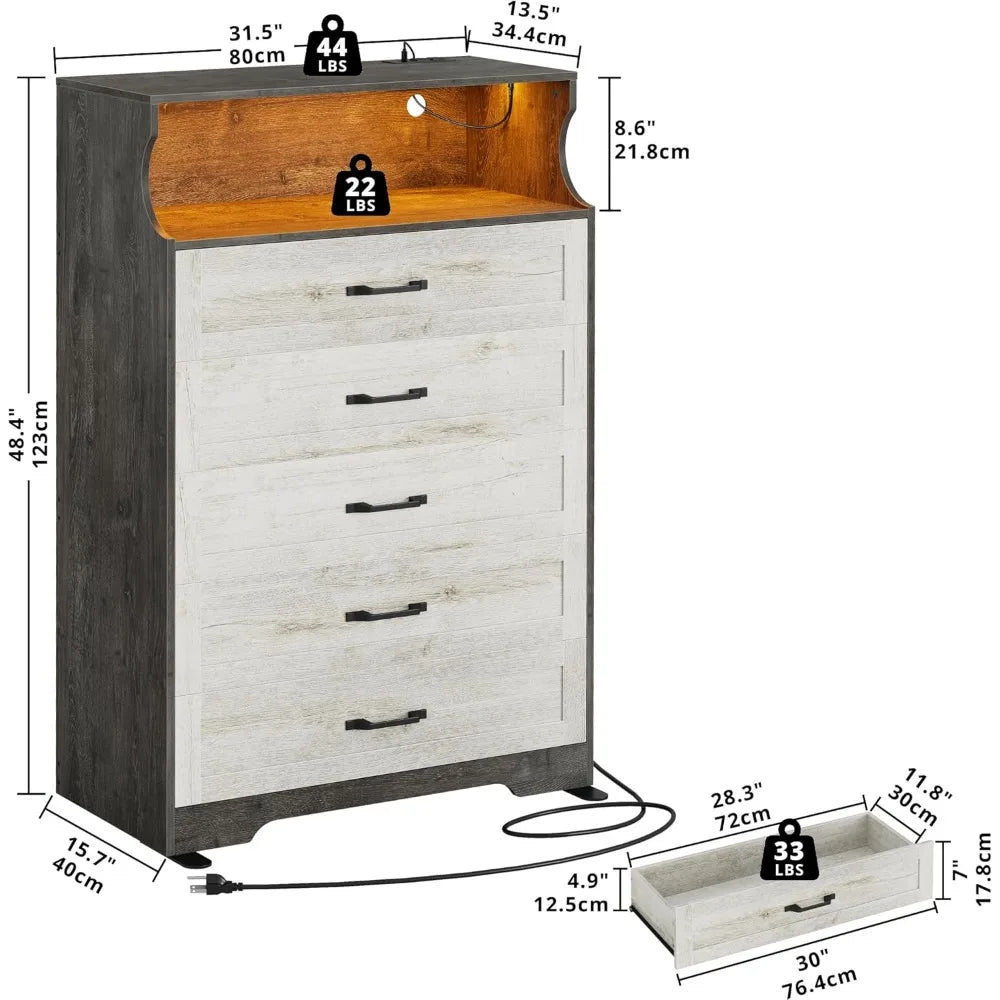 Mid Century Modern 5-Drawer Dresser With LED Lighting USB