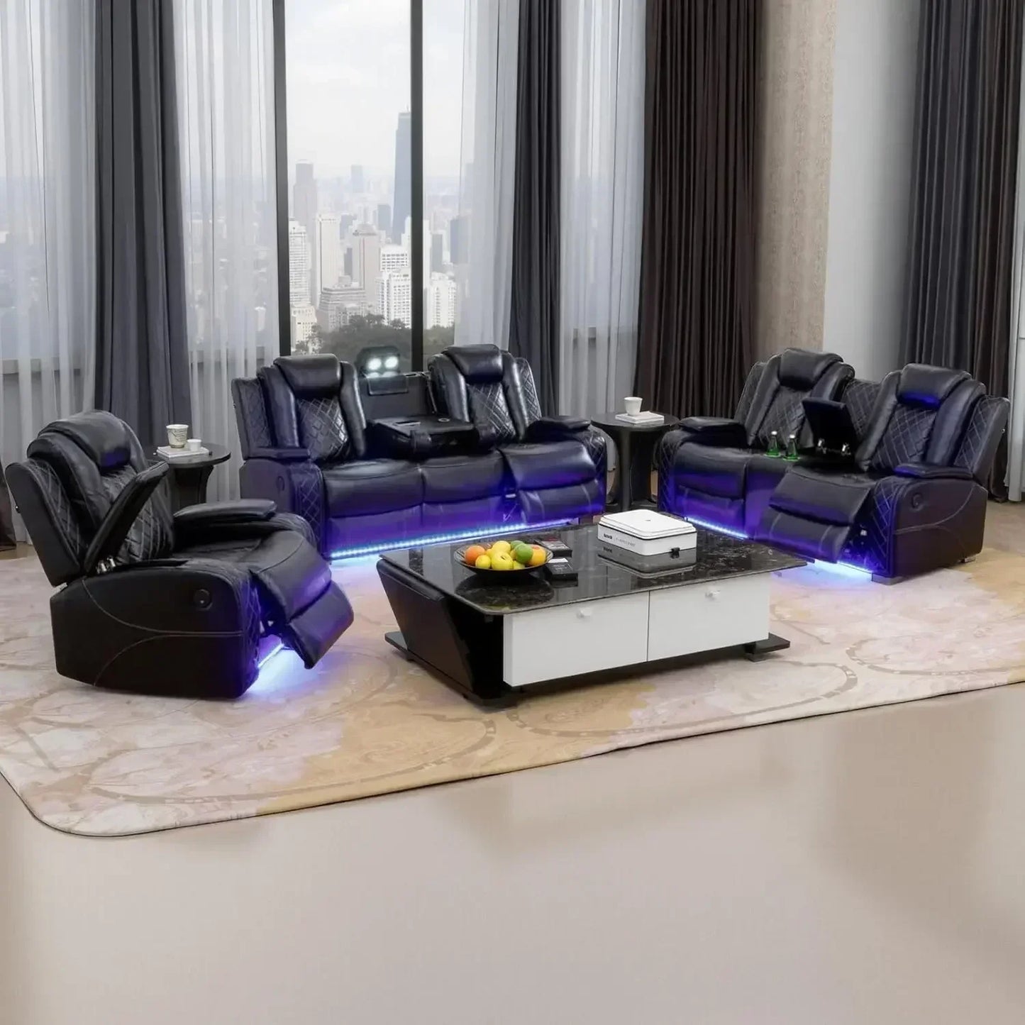 Electric Recliner Living Room Set With LED Lighting And Charging