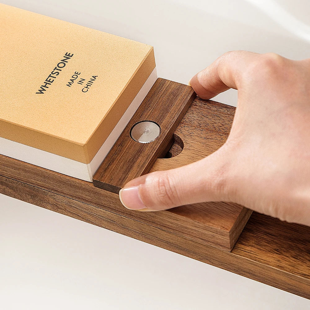 XINZUO Acacia Wood Whetstone Base Holder Adjustable Telescopic Solid Knife Sharpening Block for Kitchen Knives