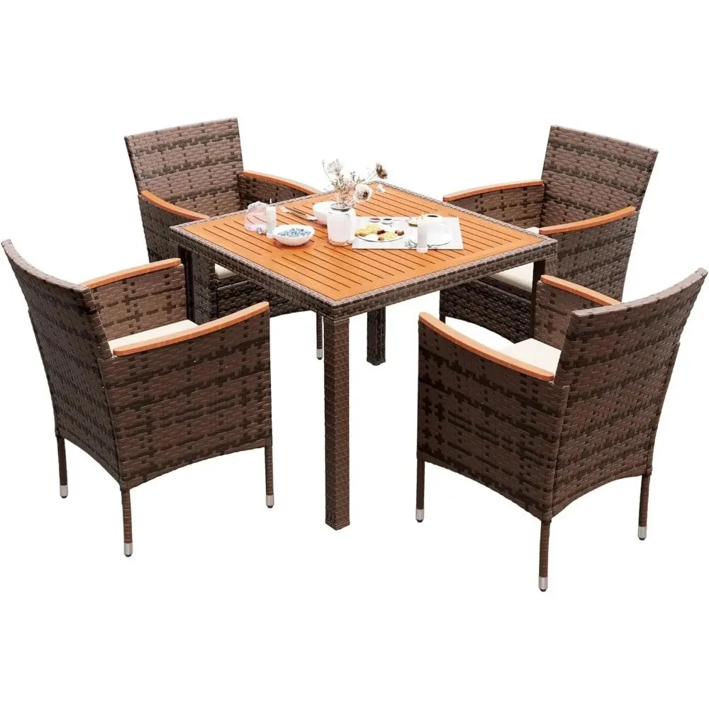 Acacia Wood Top Patio Conversation Set With Rattan Table And Chairs