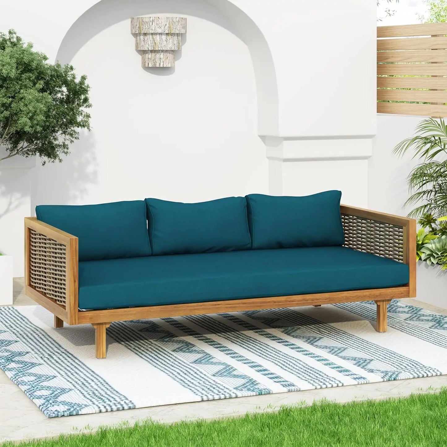Rattan Arms Outdoor 3 Seat Sofa Patio Furniture Set with Cushions Wood Frame Outdoor Couch for Garden Poolside