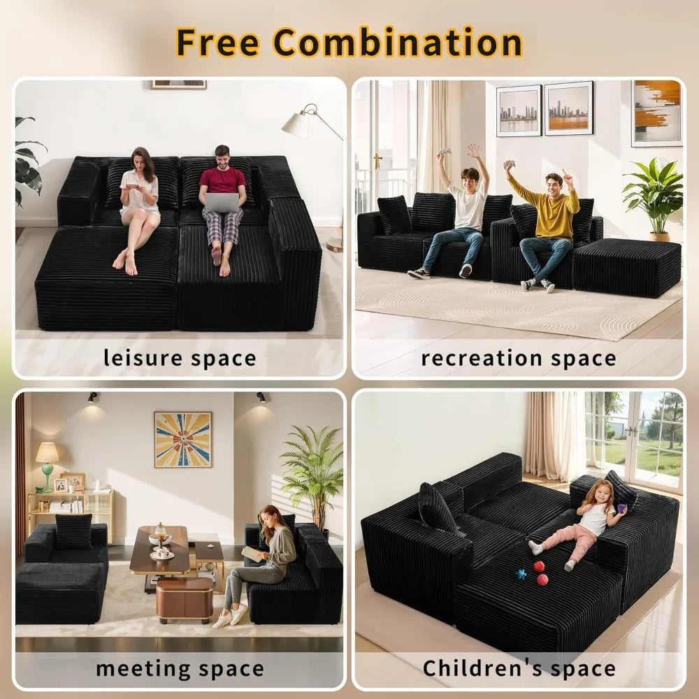 106" Black Cloud Sofa with L-Shaped Chaise Longue, Modern Modular couches with Deep Seats, Fluffy couches for Living Room