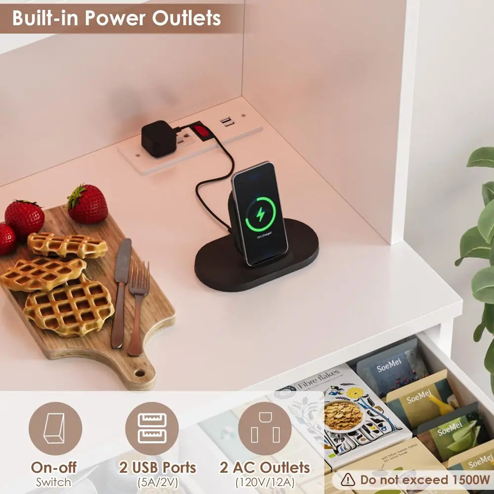 LED Kitchen Pantry Cabinet With Power Outlet And Cup Hooks