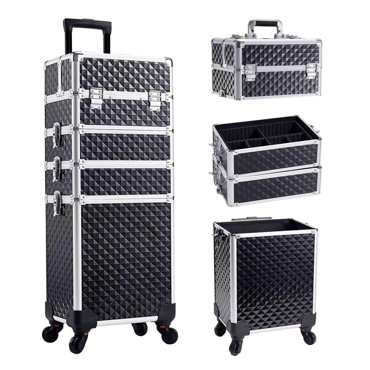 Detachable 4 In 1 Makeup Trolley Case On Wheels Alloy Frame With Lock For Nail Salon Manicure And Capacity Storage