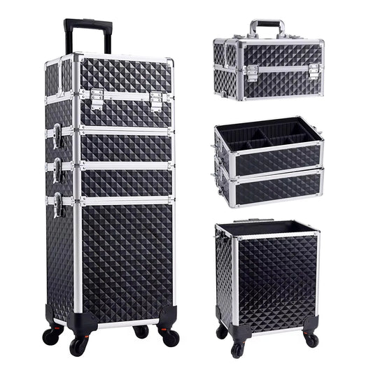 Detachable 4 In 1 Makeup Trolley Case On Wheels Alloy Frame With Lock For Nail Salon Manicure And Capacity Storage