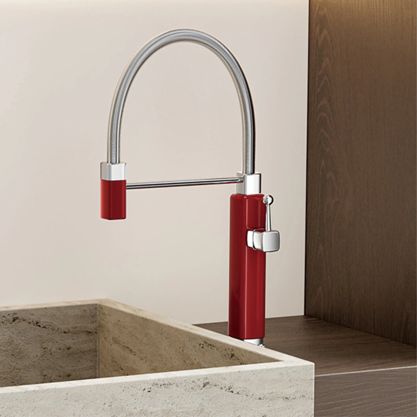 Modern luxury brass red kitchen faucet with retro design, pull-out water outlet, single handle hot and cold water sink Mixer