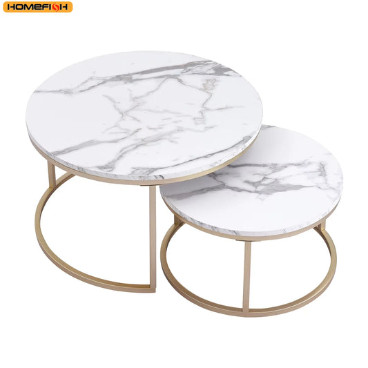 Round 2 In 1 Scandinavian Marble Glass Coffee Table Set