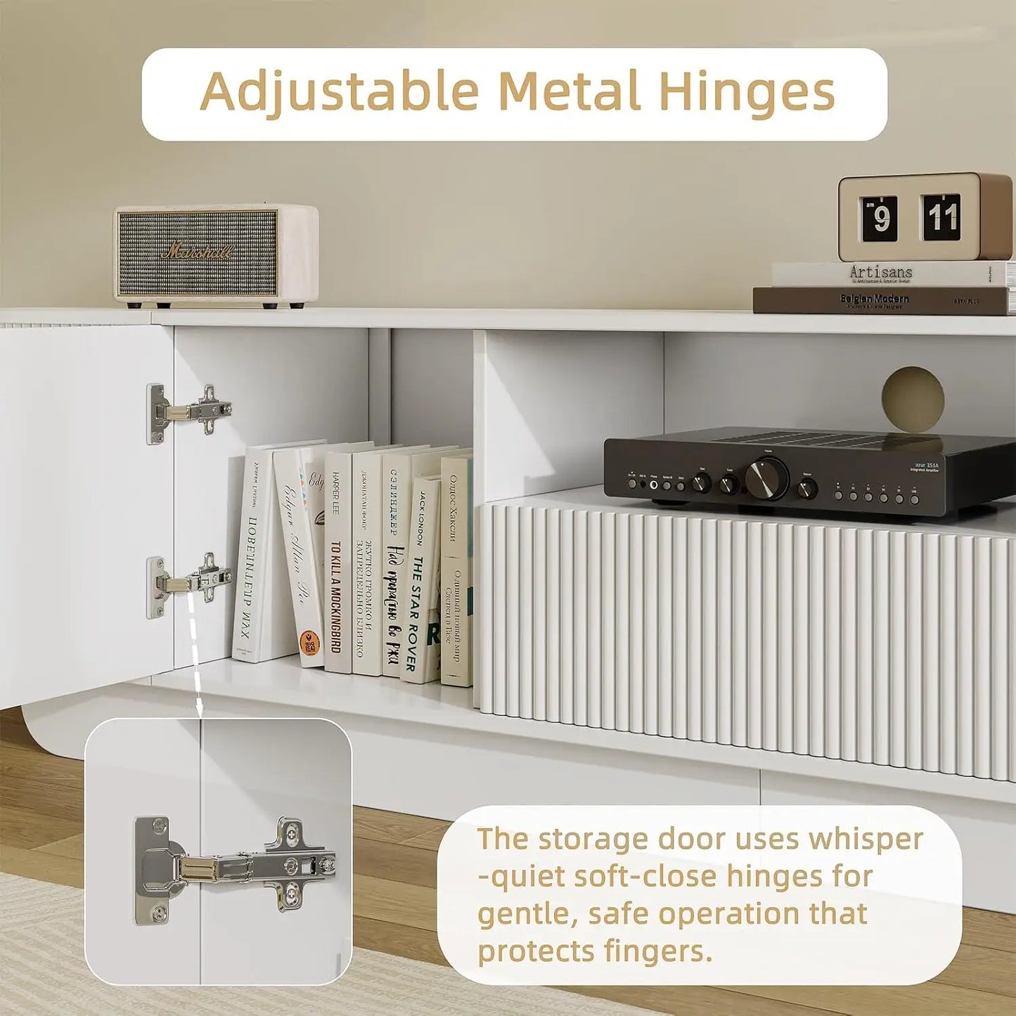 86.61'' Tambour TV Stand for 55-85 Inch, Modern Entertainment Center with Large Storage Cabinet & Open Shelves, TV Console