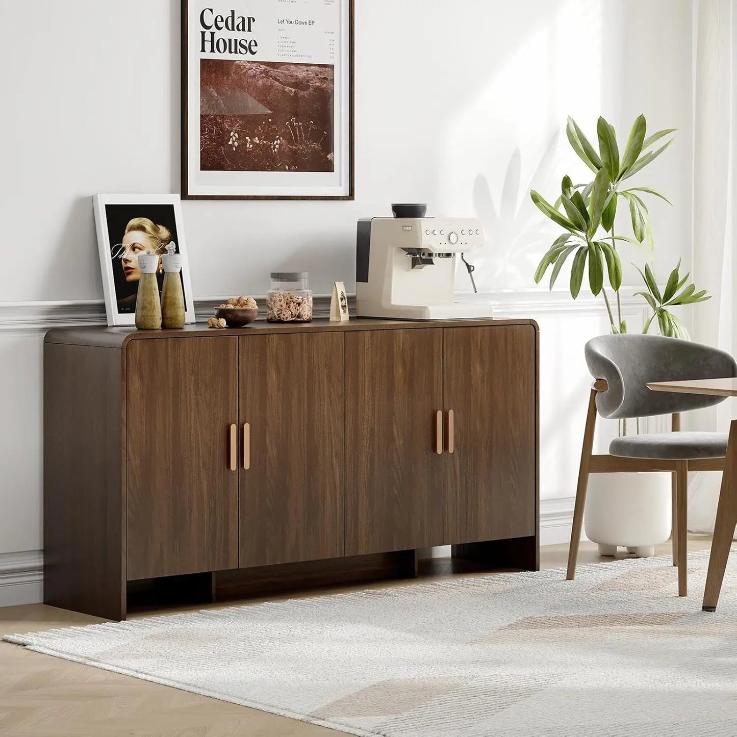 60" Sideboard Buffet Cabinet with Storage, Curved Design Farmhouse Coffee Bar Cabinet with 4 Doors & Adjustable Shelves